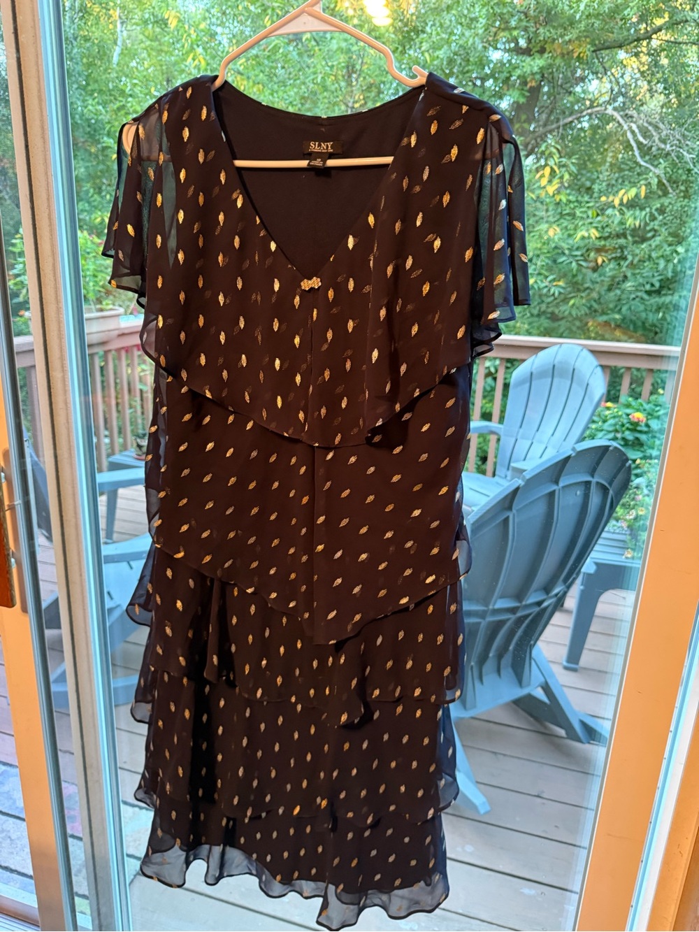 SLNY Navy Dress with Gold Leaf Print - Tiered Ruffle Midi
